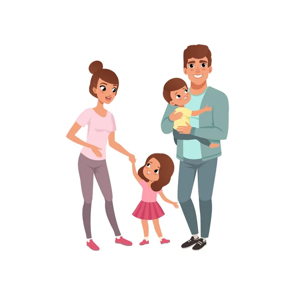 Aile çift iki çocuk, ebeveynler kendi küçük oğlu ve kızı ile beyaz bir arka plan üzerinde illüstrasyon vektör — Stok Vektör