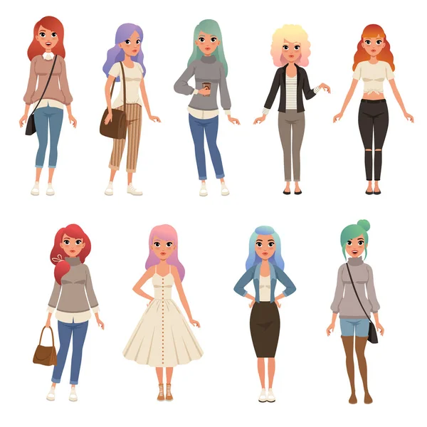 Hermosas mujeres jóvenes con conjunto de pelo teñido largo, chicas elegantes en vector de ropa de moda Ilustraciones sobre un fondo blanco — Vector de stock