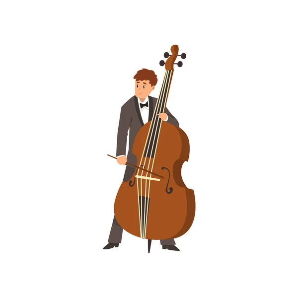Violoncellista muž hraje violoncello, musicain hraje klasickou hudbu vektorové ilustrace na bílém pozadí — Stockový vektor