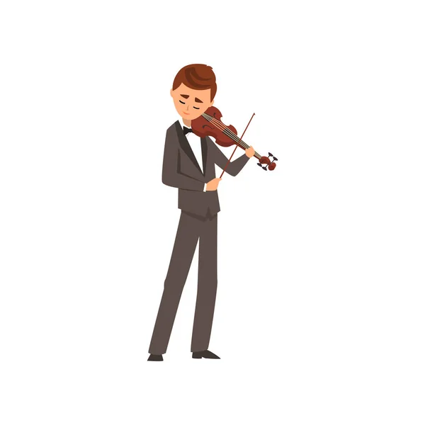 Manliga musiker spelar fiol, violinisten klädd svart elegant kostym spela klassisk musik vektor Illustration på vit bakgrund — Stock vektor