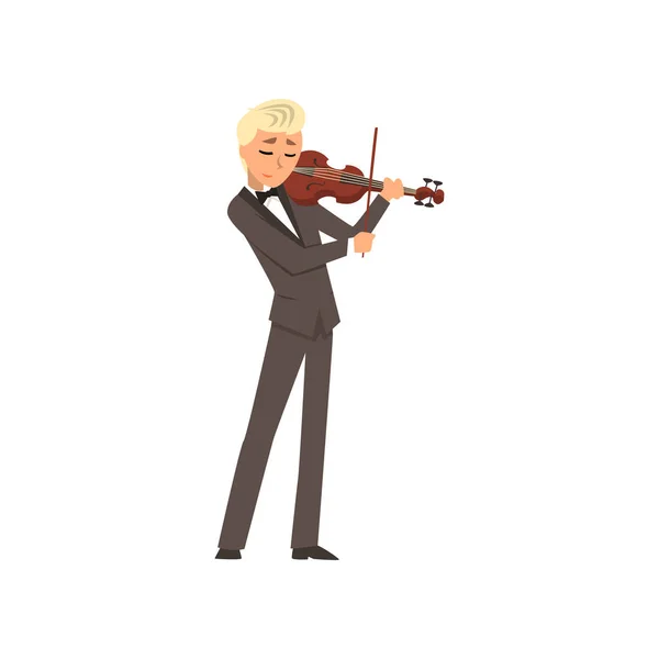 Male musician wearing a classic suit playing violin, violinist playing classical music vector Illustration on a white background — Stock Vector