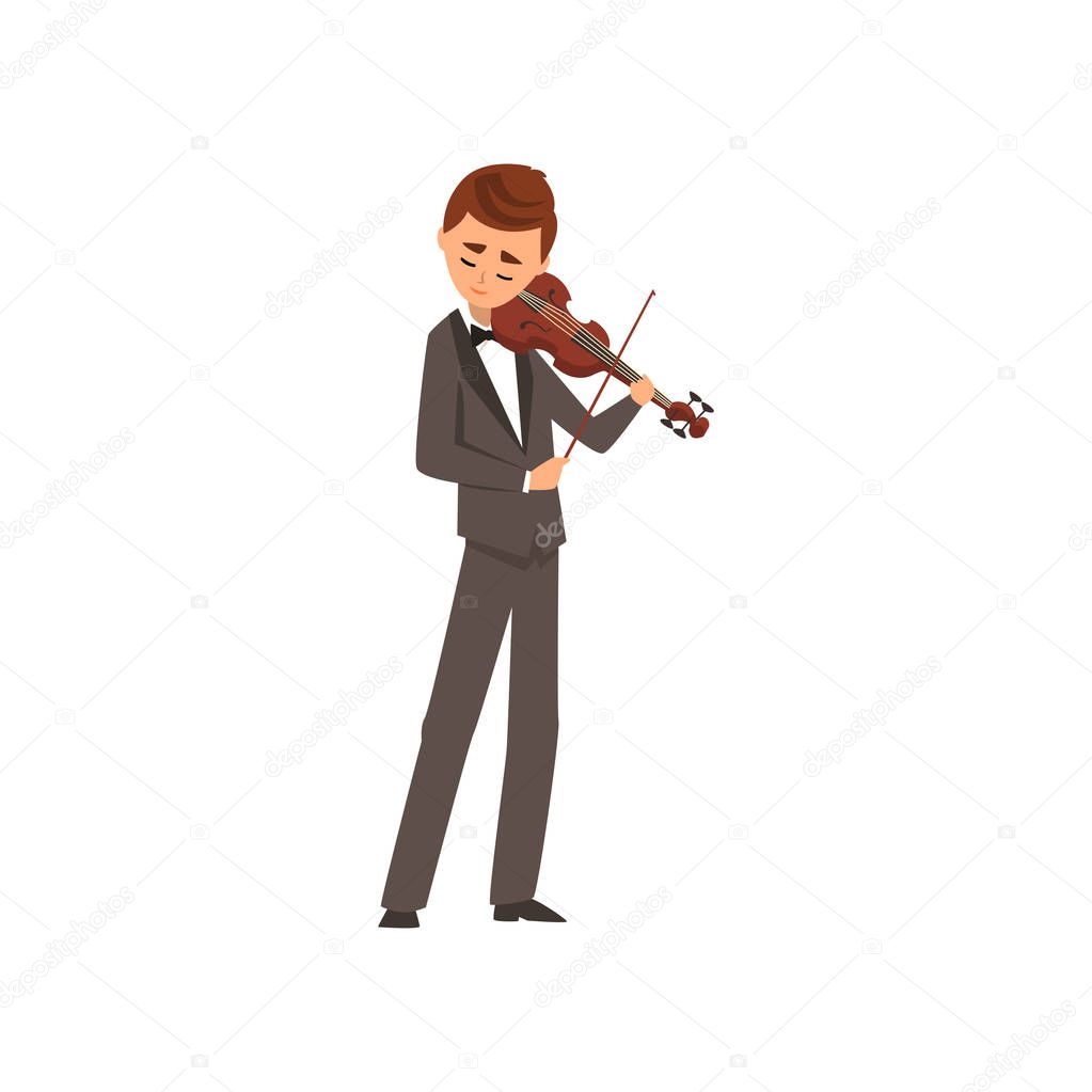 Male musician playing violin, violinist wearing black elegant suit playing classical music vector Illustration on a white background