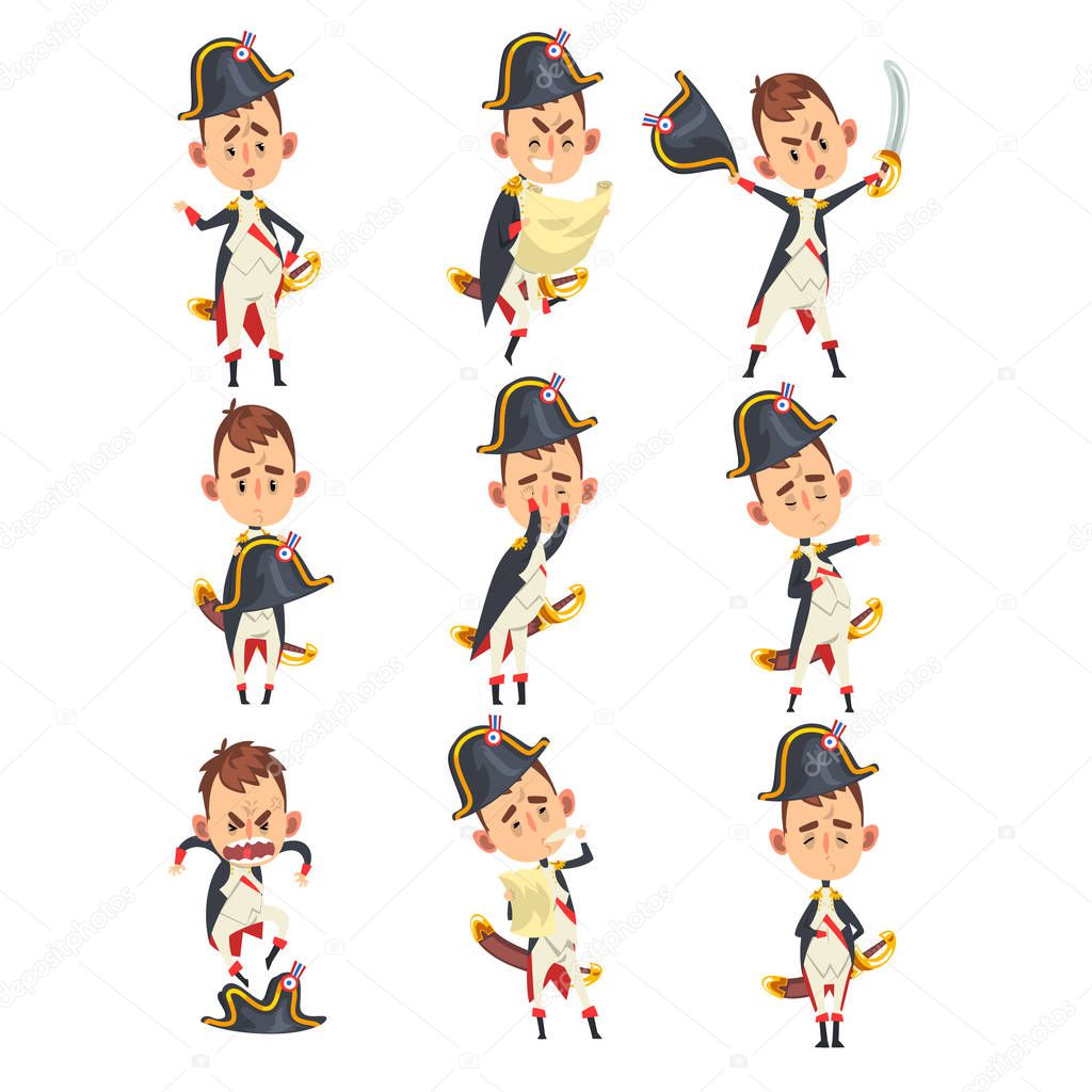 Napoleon Bonaparte cartoon character, French historical figure in different situations vector Illustration isolated on a white background.