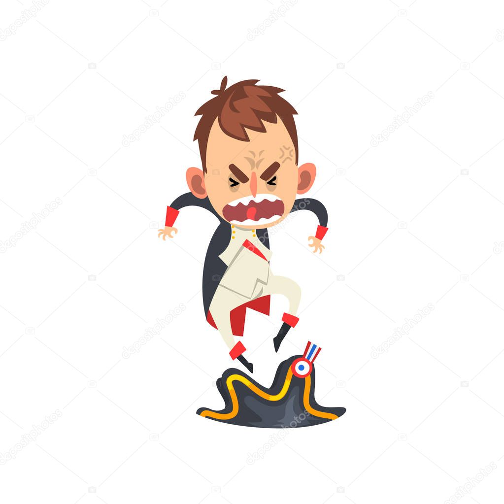 Furious Napoleon Bonaparte cartoon character, comic French historical figure vector Illustration on a white background