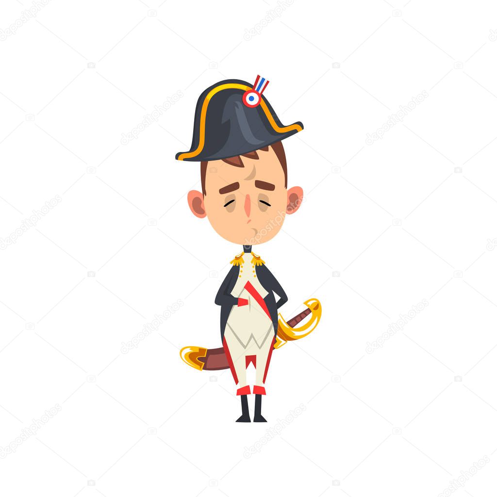 Funny Napoleon Bonaparte cartoon character, comic French historical figure vector Illustration on a white background