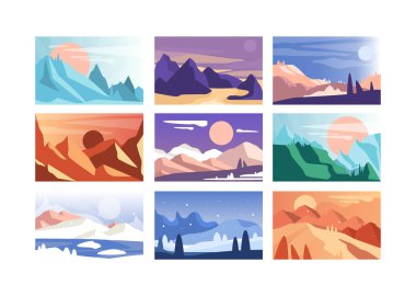 Dağ manzara kümesi, farklı zaman-in yıl ve gün doğada sahnelerinin illüstrasyon vektör