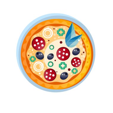 Tüm sıcak lezzetli pizza salam, soğan, zeytin ve fesleğen ile vektör çizim beyaz bir arka plan üzerinde bırakır.