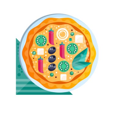 Biber, zeytin, yeşil domates, peynir ve soğan tüm sıcak lezzetli vejetaryen pizza üzerinde beyaz bir arka plan illüstrasyon vektör