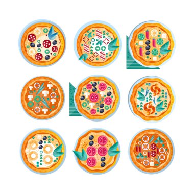 Sıcak tüm pizza ayarla, çeşitli malzemeler vektör çizim üzerinde beyaz bir arka plan ile taze pişmiş pizza