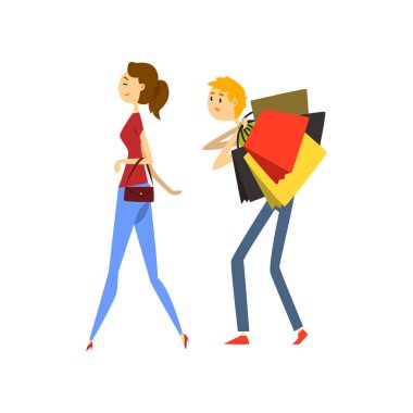 Kılıbık adam, adam alışveriş torbaları ile onun karısı çizgi film izleyerek yüklü vektör çizim üzerinde beyaz bir arka plan