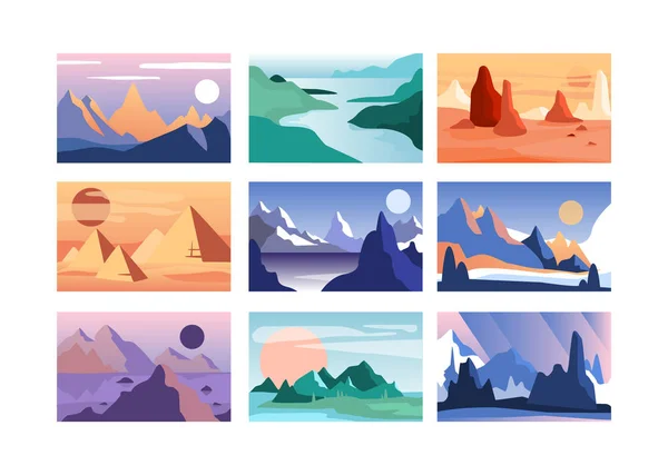 Mountain landscape set, scenes of nature in different time of year vector Illustration — Stock Vector