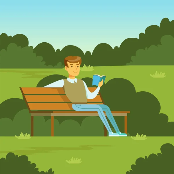 Joven sentado en el banco en el parque y leyendo un libro, ilustración vectorial plana — Vector de stock