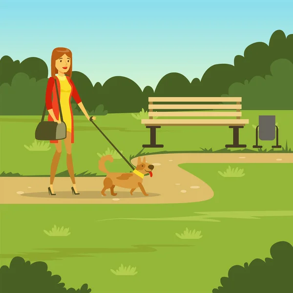 Young woman walking with her dog in the park, flat vector illustration — Stock Vector