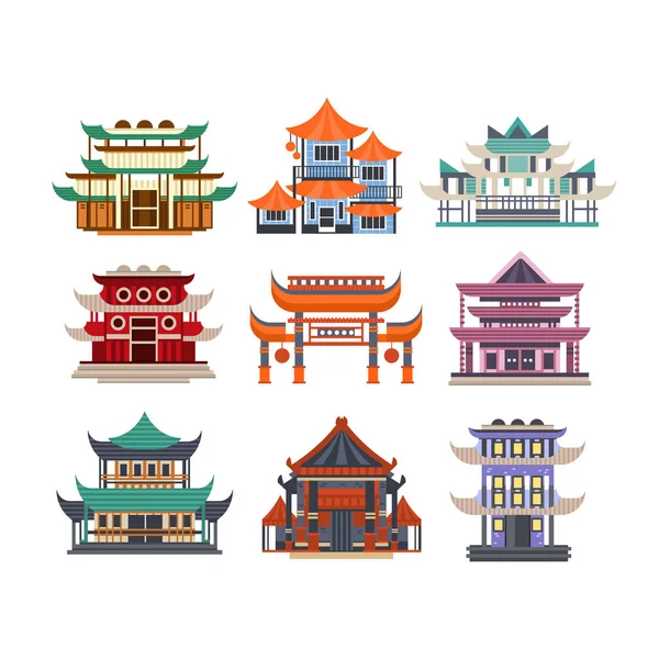 Conjunto de edificios de pagoda tradicionales, vector de objetos de arquitectura asiática Ilustraciones sobre un fondo blanco — Archivo Imágenes Vectoriales
