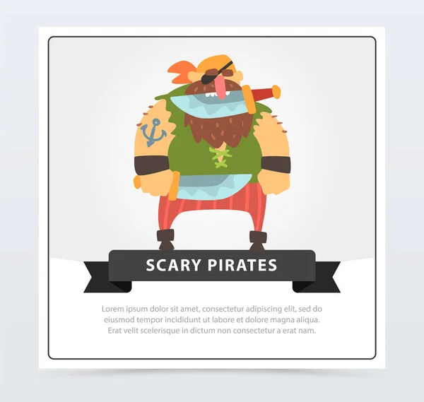 Powerful pirate, bearded filibuster holding dagger with his teeth, scary pirates flat vector ilustration — Stock Vector