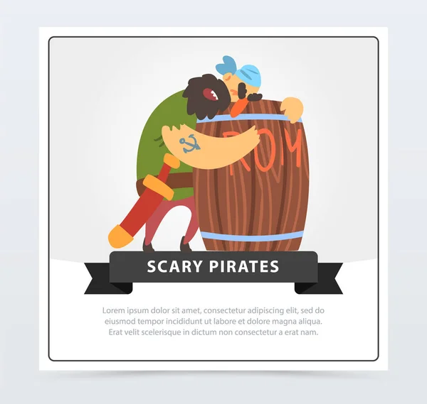 Bearded pirate sleeping on a wooden barrel of rum, scary pirates banner, flat vector ilustration — Stock Vector