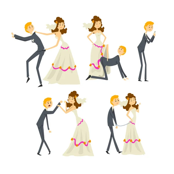 Couple of newlyweds set, henpecked man, husband dominated by wife cartoon vector Illustrations on a white background — Stock Vector