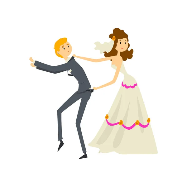 Couple of newlyweds, bride manipulating her groom cartoon vector Illustration on a white background — Stock Vector