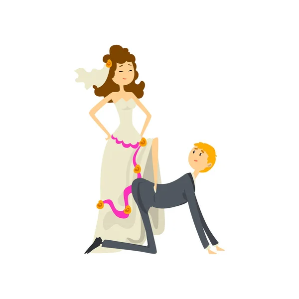 Couple of newlyweds, henpecked man, groom dominated by bride cartoon vector Illustration on a white background. — Stock Vector