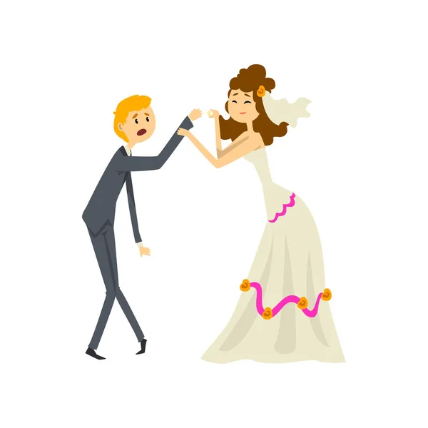 Bride manipulating her groom, couple of newlyweds cartoon vector Illustration on a white background — Stock Vector