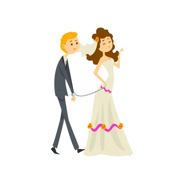 Bride leading her henpecked groom on a leash, couple of newlyweds cartoon vector Illustration on a white background — Stock Vector