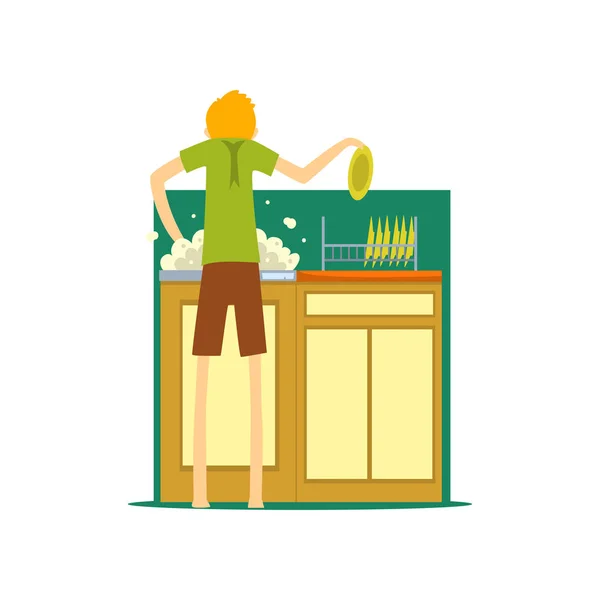 Kılıbık adam, koca mutfakta, beyaz bir arka plan üzerinde ev karikatür vektör çizim yapıyor househusband bulaşıkları yıkama — Stok Vektör