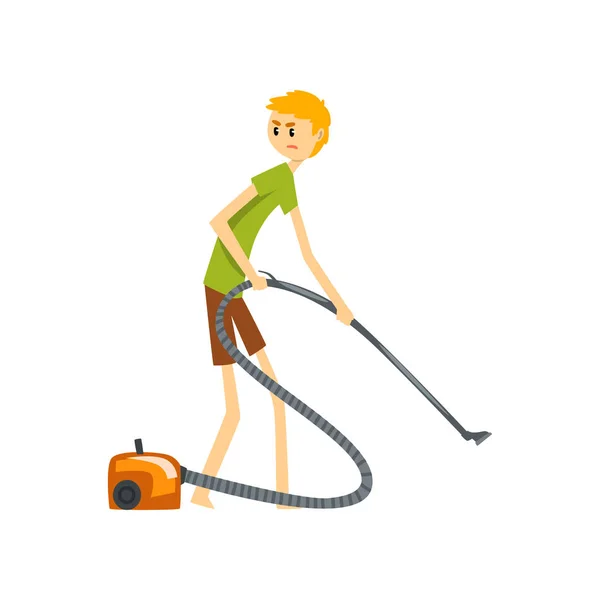 Henpecked man, husband cleaning the floor with vacuum cleaner, househusband doing household cartoon vector Illustration on a white background — Stock Vector