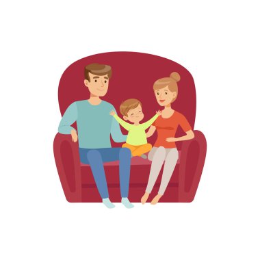 Anne, baba ve küçük oğulları kanepe, mutlu bir aile ve ebeveynlik kavramı vektör çizim beyaz bir arka plan üzerinde oturan