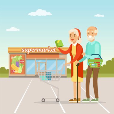 Üst düzey çift, bir süpermarket satınalmalarda bina önünde duran insanlar kavramı alışveriş illüstrasyon vektör