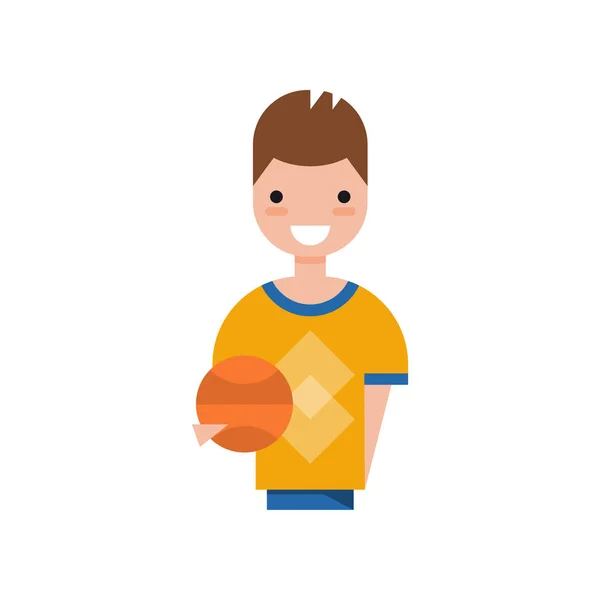 Mannelijke basketbal speler karakter, glimlachend kerel in sport uniforme bal vector illustratie op een witte achtergrond te houden — Stockvector