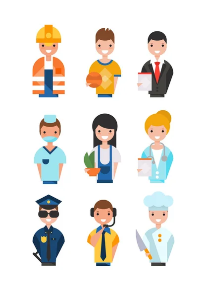 People of different professions set, working people avatars, basketball player, businessman, florist, doctor, policeman, chef,support service operator, nurse vector Illustrations