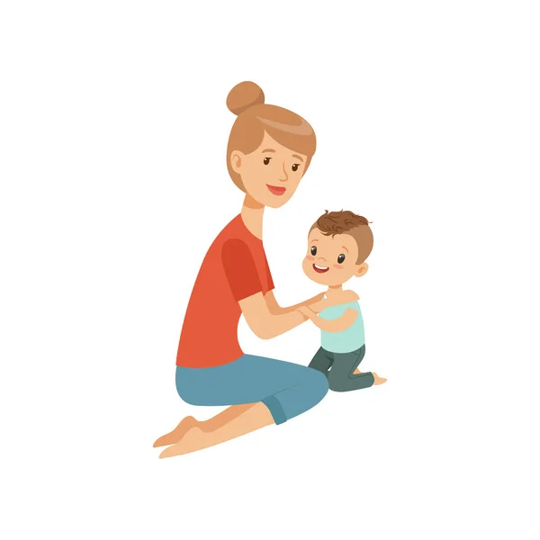 妈妈拥抱她的儿子, 母亲抱着她的孩子, 快乐的育儿理念矢量插图白色背景 — 图库矢量图片