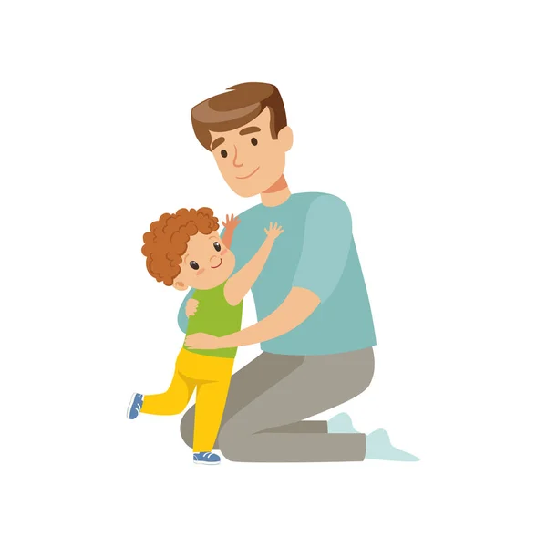 Apa fia ölelni, apja átölelve a gyermek, boldog nevelési koncepció vektoros illusztráció egy fehér háttér — Stock Vector