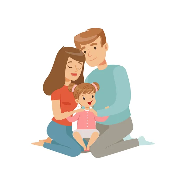 Padres abrazando a su hija, madre y padre abrazando al niño, feliz concepto familiar vector Ilustración sobre un fondo blanco — Vector de stock