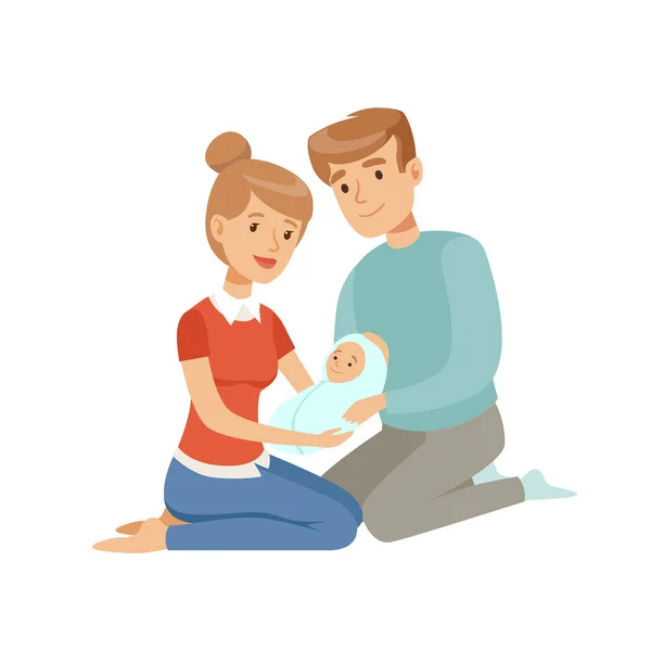 Padres felices abrazando a su bebé recién nacido, familia feliz y vector concepto de crianza Ilustración sobre un fondo blanco — Vector de stock