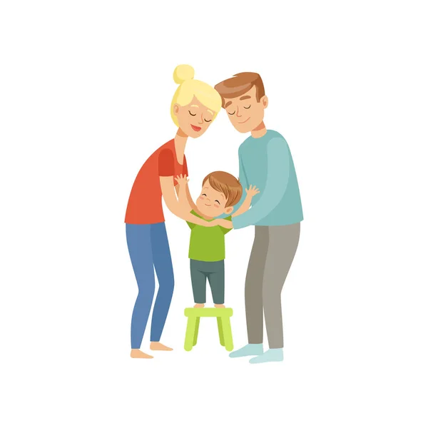 Ouders omarmen hun zoon, moeder en vader knuffelen van hun kind, vector gelukkige familie en ouderschap concept illustratie op een witte achtergrond — Stockvector