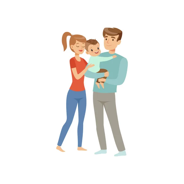 Padres abrazando a su hijo, madre y padre felices con el niño, vector concepto de familia feliz Ilustración sobre un fondo blanco — Vector de stock