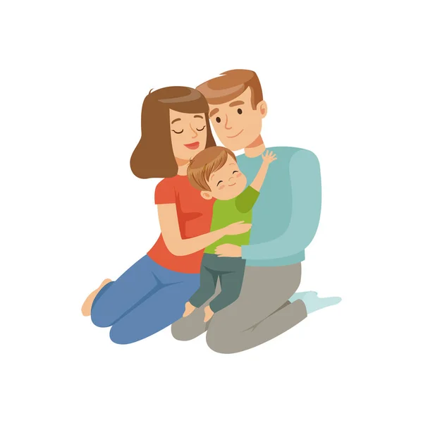 Padres abrazando a su hijo, madre y padre sentados en el suelo con el niño, feliz vector concepto familiar Ilustración sobre un fondo blanco — Vector de stock