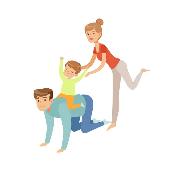 Mamma, Pappa och deras son att ha roligt tillsammans, pojke som rider på hans fäder tillbaka, lycklig familj och föräldraskap begreppet vektor Illustration på vit bakgrund — Stock vektor