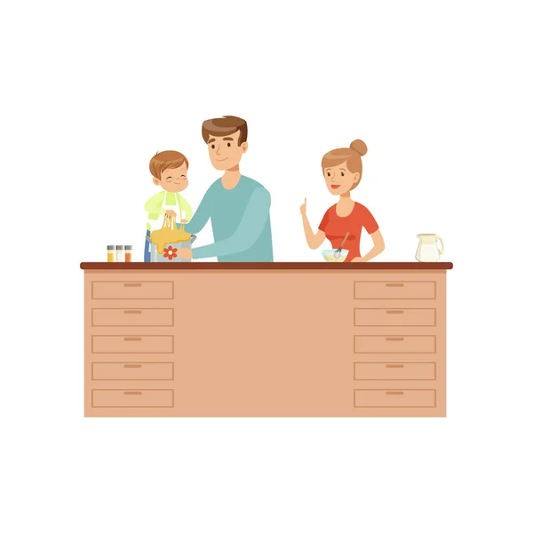 Mamma, papà e il loro piccolo figlio cucinare insieme, famiglia felice e concetto di genitore vettore Illustrazione su uno sfondo bianco — Vettoriale Stock