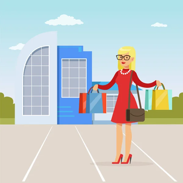 Fille blonde à la mode debout devant le centre commercial avec des achats, les gens concept commercial vecteur Illustration — Image vectorielle