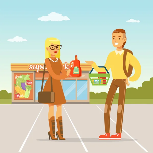 Pareja joven de pie frente al supermercado con las compras, la gente de compras vector concepto Ilustración — Vector de stock