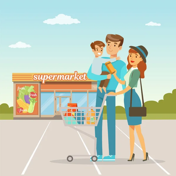 両親とその幼い息子のスーパー マーケット ショッピング カート付けの建物の前に立って人々 フラット スタイルでのショッピングの概念ベクトル図 — ストックベクタ