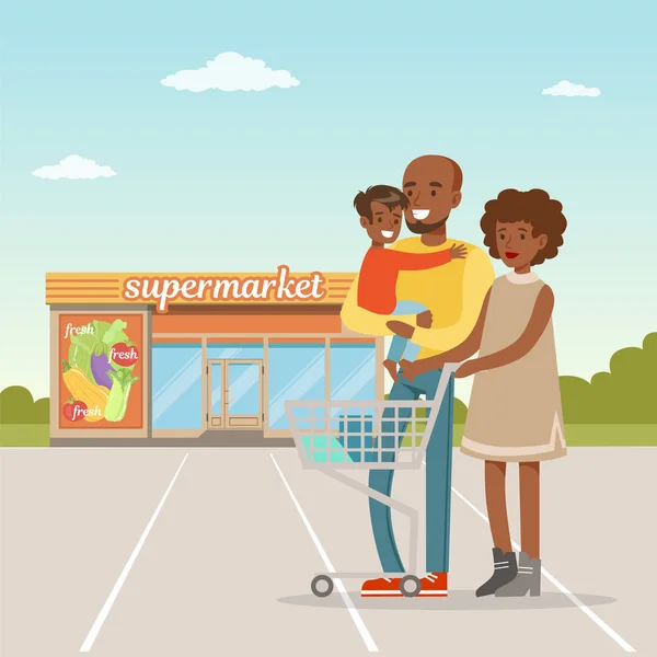 Familia afroamericana de pie frente al edificio del supermercado con carro de la compra, personas vector concepto de compras Ilustración — Archivo Imágenes Vectoriales