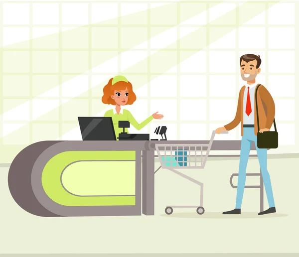 Female cashier and buyer paying for purchase, man shopping in supermarket vector Illustration in flat style — Stock Vector