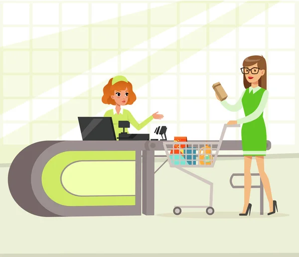 Female cashier and buyer paying for purchases, young woman shopping in supermarket vector Illustration — Stock Vector