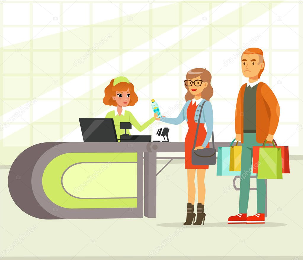 Woman cashier and young couple paying for purchases, people shopping in supermarket vector Illustration