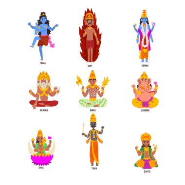 Indian Gods set, Shiva, Igny, Vishnu, Ganesha, Indra, Soma, Brahma, Surya, Yama god cartoon characters vector Illustrations on a white background clipart