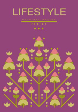 Yaşam tarzı afiş özgün tasarımı, kart, afiş, el ilanı, davetiye, broşür vektör çizim, sağlıklı yaşam konsepti için mor renkte ekolojik şablonu