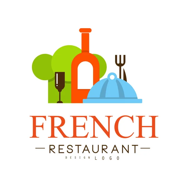 Diseño del logo del restaurante francés, auténtico vector de etiqueta de comida continental tradicional Ilustración sobre un fondo blanco — Archivo Imágenes Vectoriales